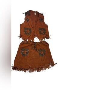 Vintage Kid's Vest Skirt set Cowboy Western Tan Brown Suede Fringed M